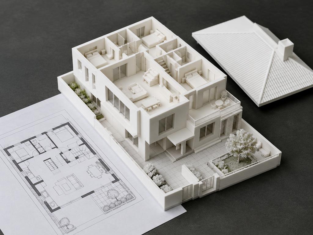 Illustrative white 3D printed house model with a floor plan