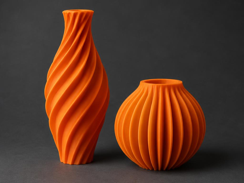 Illustrative orange 3D printed sculptural vases