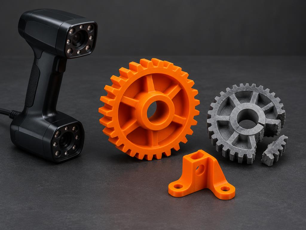 Illustrative 3D printed replacement gear beside a broken gear